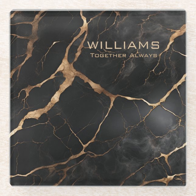 Black and Gold Marble Texture Personalized Glass Coaster (Front)
