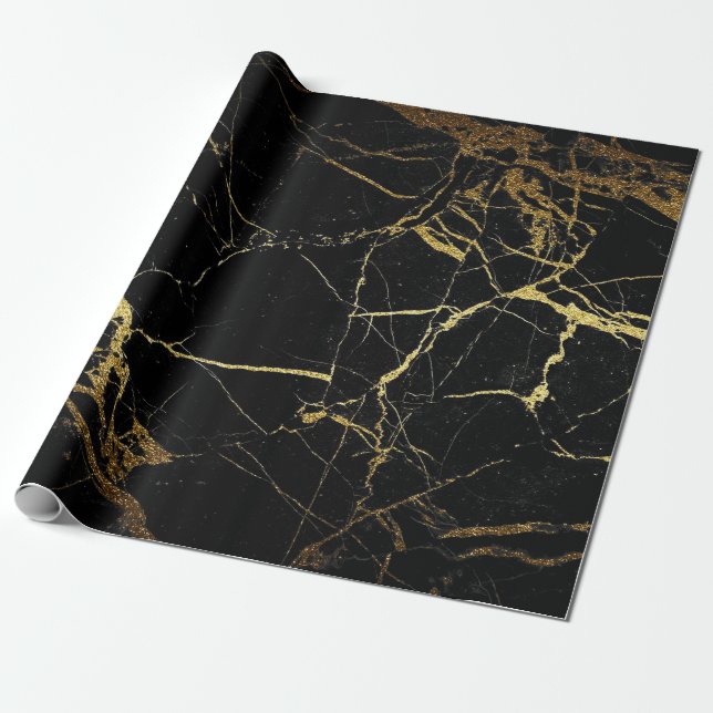 Black And Gold Marble Wrapping Paper (Unrolled)