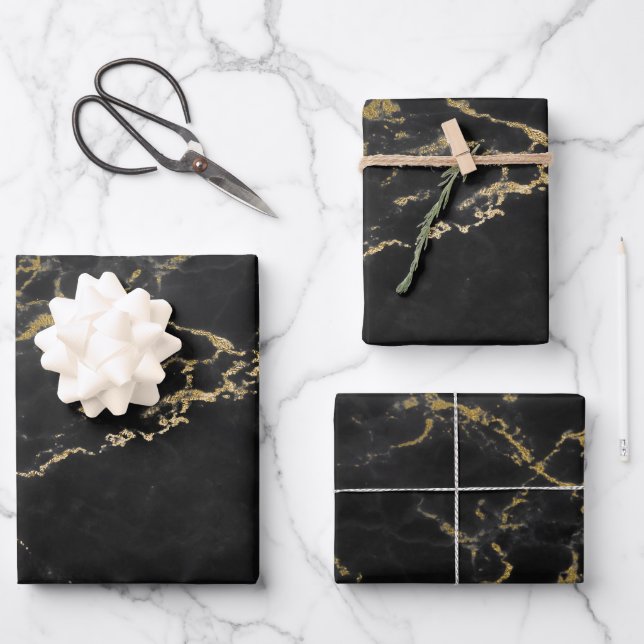 Black and Gold Marble Wrapping Paper Sheet (Front)