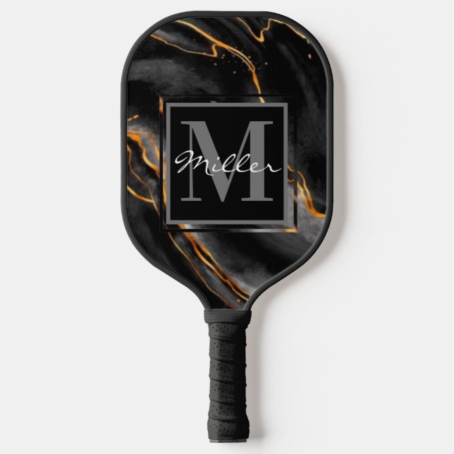 Black and Gold Marbled Monogram Name Customizable  Pickleball Paddle (Front)
