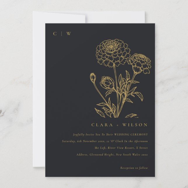 Black And Gold Marigold Floral Sketch Wedding Invitation (Front)