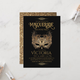 Black and Gold Masquerade Party Birthday Invitation