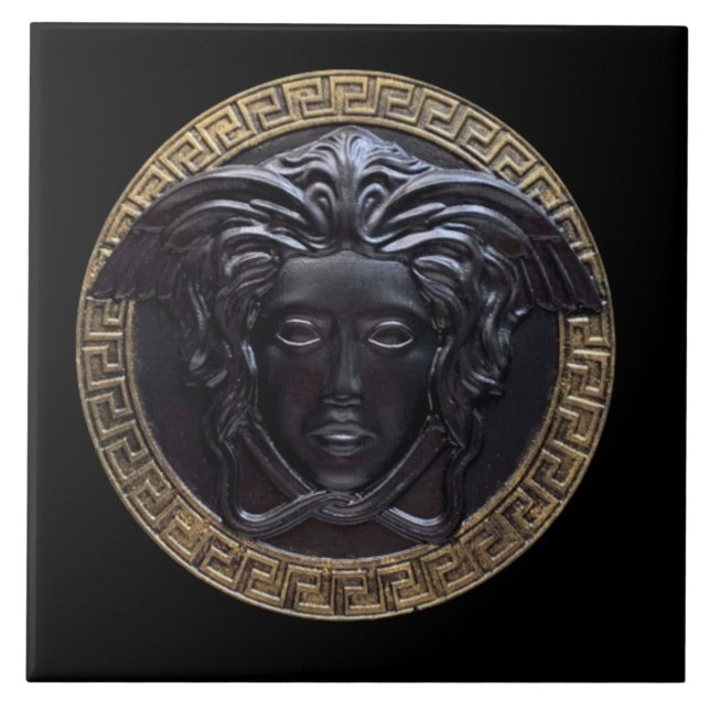 Black and Gold Medusa Wall Tile with Greek Key (Front)