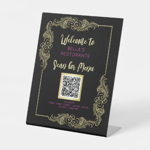 Black and Gold Menu Restaurant QR Code Table Sign