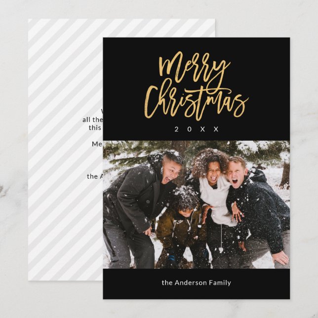 Black and Gold Merry Christmas Family Photo Holiday Card (Front/Back)