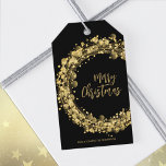 Black and Gold Merry Christmas Gift Tags<br><div class="desc">Merry Christmas in chic lettering is surrounded by gold circles,  stars and dots on a black background on these holiday party favor gift tags. Personalize with your names at the bottom. MATCHING items in our store.</div>