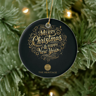 Black and Gold Merry Christmas & Happy New Year Ceramic Ornament