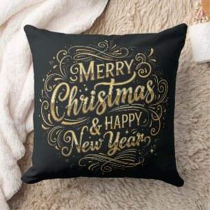 Black and Gold Merry Christmas & Happy New Year Throw Pillow