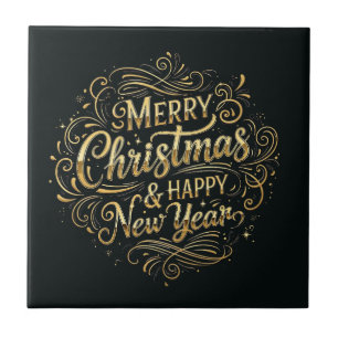 Black and Gold Merry Christmas & Happy New Year   Tile