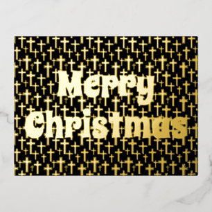 Black and gold Merry Christmas Jesus cross elegant Foil Holiday Postcard