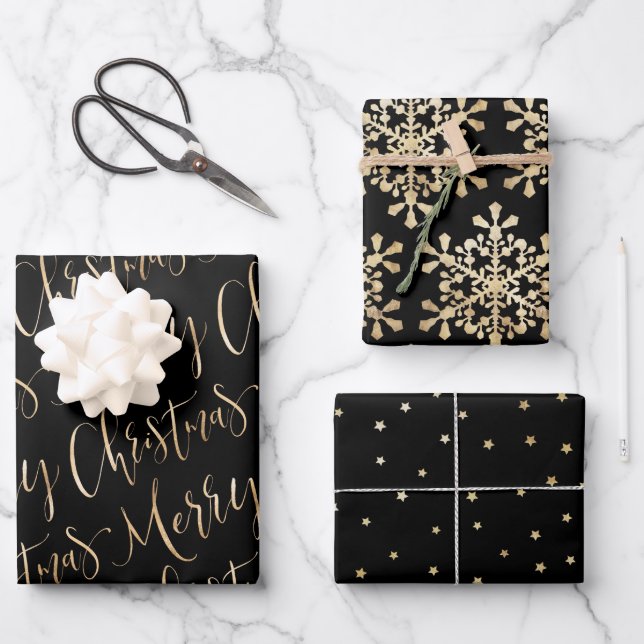 Black And Gold Merry Christmas Snowflakes Set Wrapping Paper Sheet (Front)