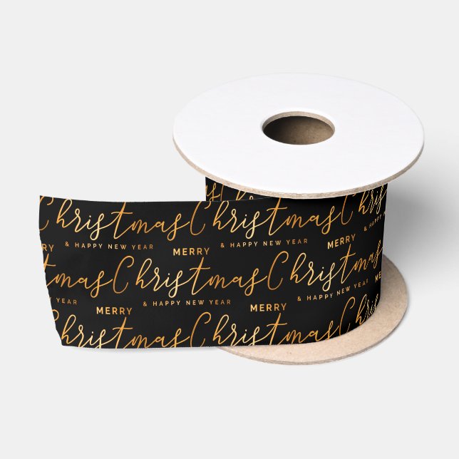 Black and Gold Merry Christmas Word Art Satin Ribbon (Spool)