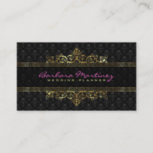 Black And Gold Metallic Floral Damasks & Frame Business Card