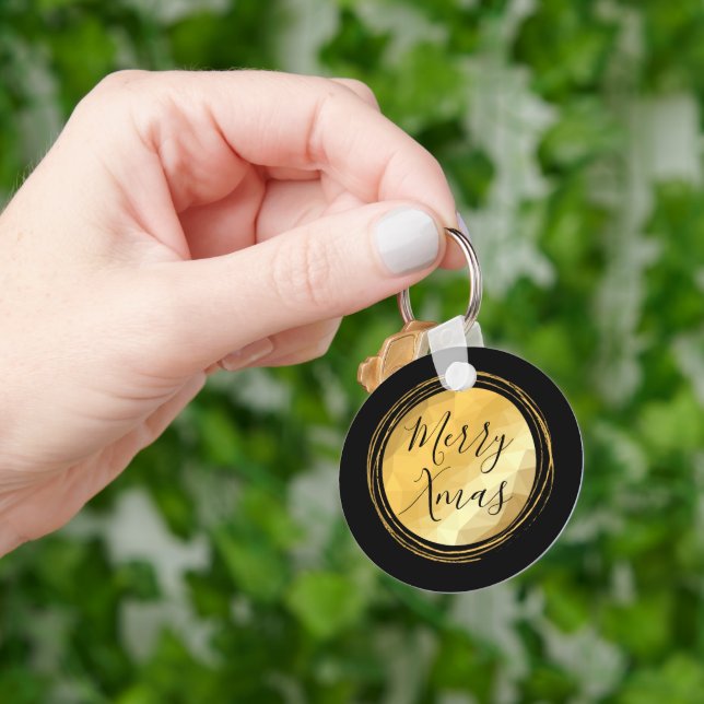 Black and gold metallic merry Christmas text Keychain (Hand)