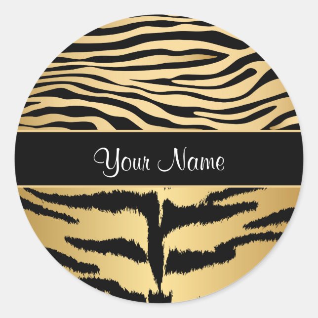 Black and Gold Metallic Tiger Stripes Pattern Classic Round Sticker (Front)