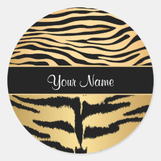 Black and Gold Metallic Tiger Stripes Pattern Classic Round Sticker
