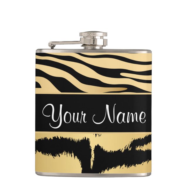 Black and Gold Metallic Tiger Stripes Pattern Hip Flask (Front)