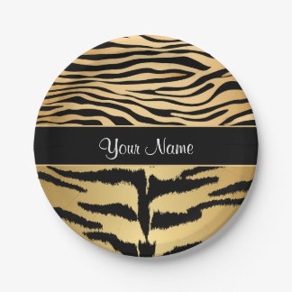 Black and Gold Metallic Tiger Stripes Pattern Paper Plate