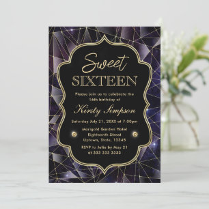Black and Gold Midnight Crystal Galaxy Sweet 16 Invitation