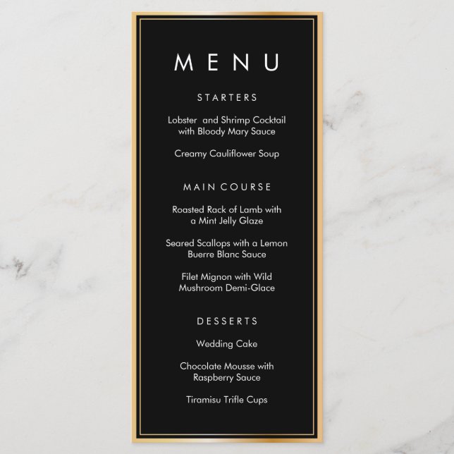 Black and Gold Minimalist Frame Wedding Dinner Menu (Front)