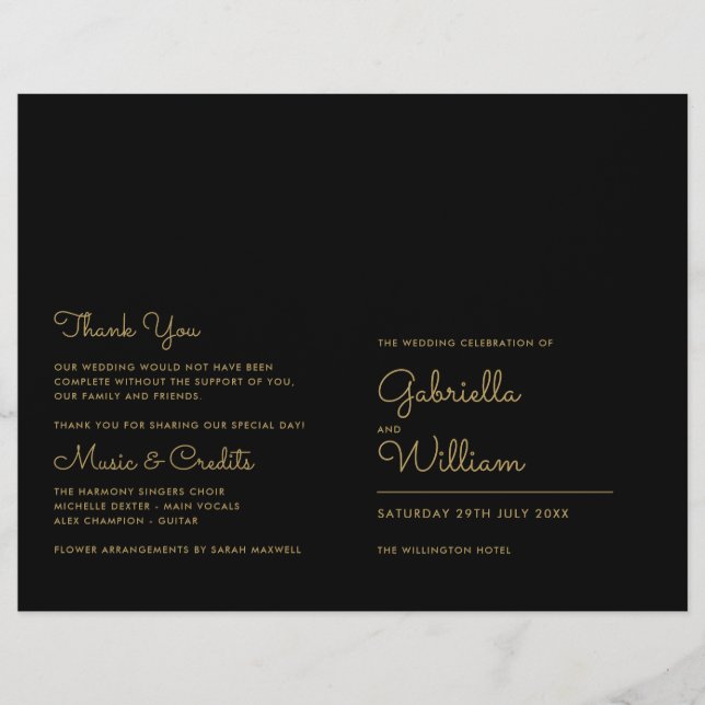 Black And Gold Minimalist Script Wedding Program (Front)