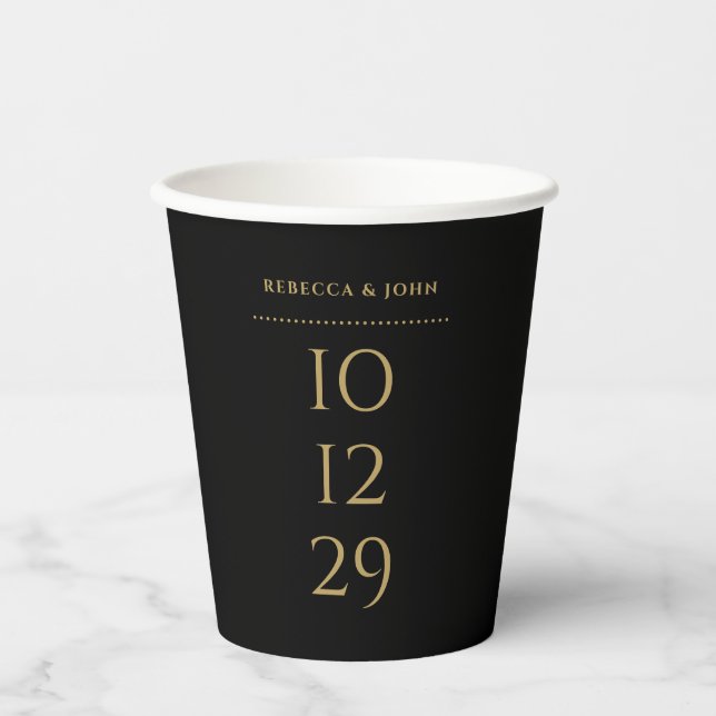 Black And Gold Minimalist Special Date Wedding Paper Cups (Front)