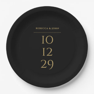 Black And Gold Minimalist Special Date Wedding Paper Plate