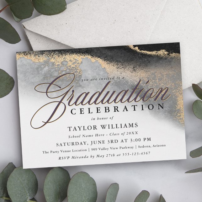 Black and Gold Modern Abstract Graduation Party Invitation (A modern sophisticated graduation party invitation with an abstract black and gold background.)