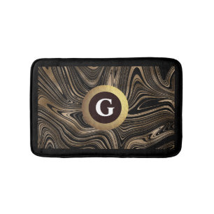 Black and Gold Modern Abstract Swirls Monogram Bath Mat
