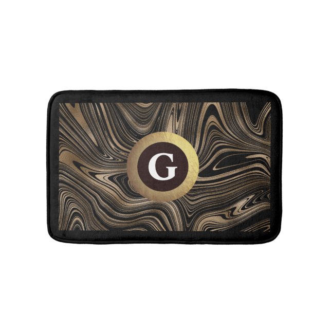 Black and Gold Modern Abstract Swirls Monogram Bath Mat (Front)