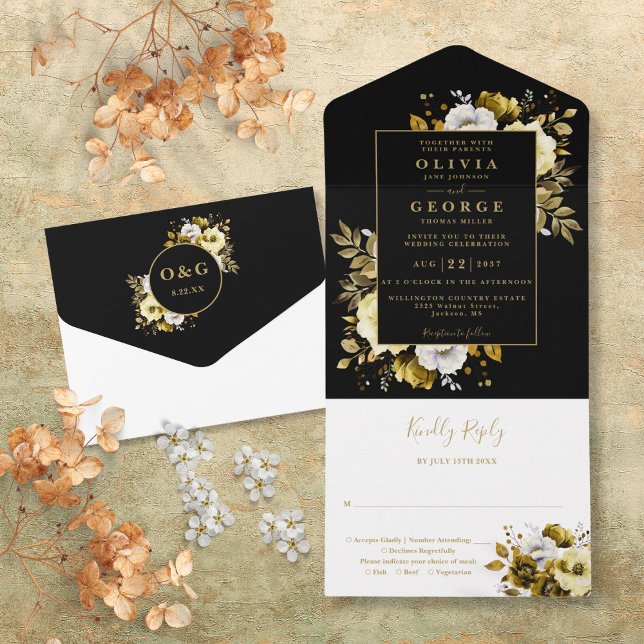 Black And Gold Modern Botanical Floral Wedding All In One Invitation (Black And Gold Modern Botanical Floral Wedding All In One Invitation)