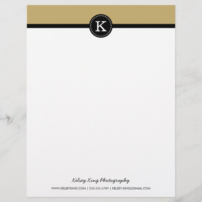 Black and Gold Modern Custom Monogram Letterhead (Front)