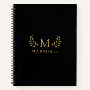 Black And Gold Modern Elegant Floral Monogram Name Notebook