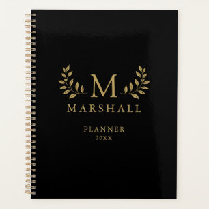 Black And Gold Modern Elegant Floral Monogram Name Planner