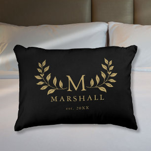 Black And Gold Modern Floral Monogram Family Name Accent Pillow