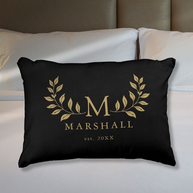 Black And Gold Modern Floral Monogram Family Name Accent Pillow (Black And Gold Modern Floral Monogram Family Name Accent Pillow)