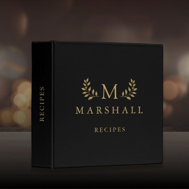 Black And Gold Modern Floral Monogram Name Recipe Binder (Black And Gold Modern Floral Monogram Name Recipe 3 Ring Binder)