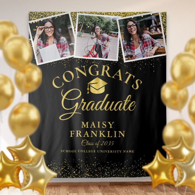 Black And Gold Modern Graduation 3 Photo Backdrop Tapestry (Black And Gold Modern Graduation 3 Photo Backdrop)