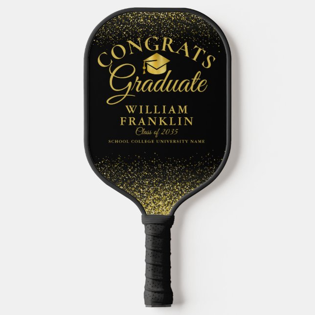 Black And Gold Modern Graduation Congrats Pickleball Paddle (Front)