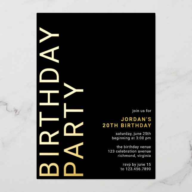 Black and Gold Modern Minimal Any Age Birthday (Front)