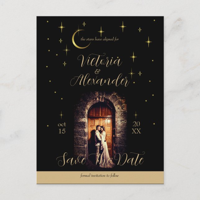 Black and Gold Modern Minimal Celestial Arch Announcement Postcard (Front)
