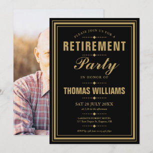 Black And Gold Modern Photo Retirement Party Invitation