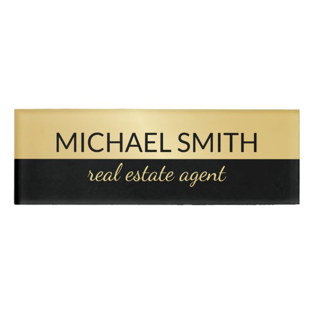 Black and Gold Modern Professional Personalized Name Tag (Front)