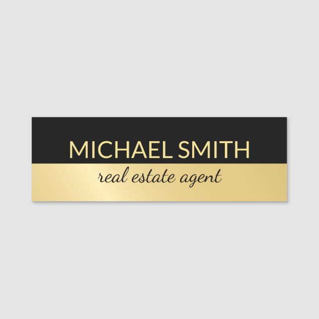 Black and Gold Modern Professional Personalized Name Tag (Front)