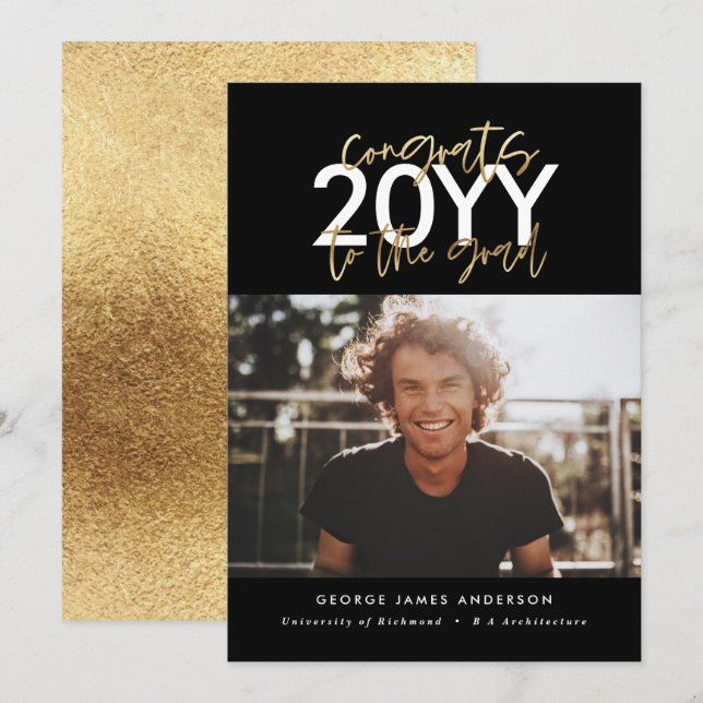 Black and gold modern script graduation photo (Front/Back)