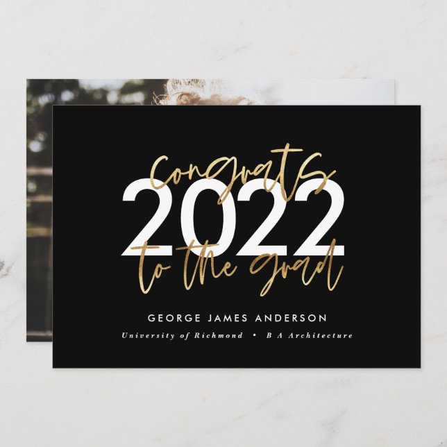Black and gold modern script photo graduation invitation (Front/Back)