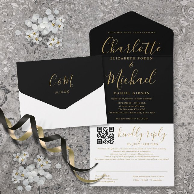 Black And Gold Modern Script QR Code Wedding All In One Invitation (Black And Gold Modern Script QR Code Wedding All In One Invitation)