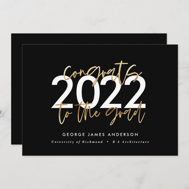 Black and gold modern script stylish graduation invitation (Front/Back)