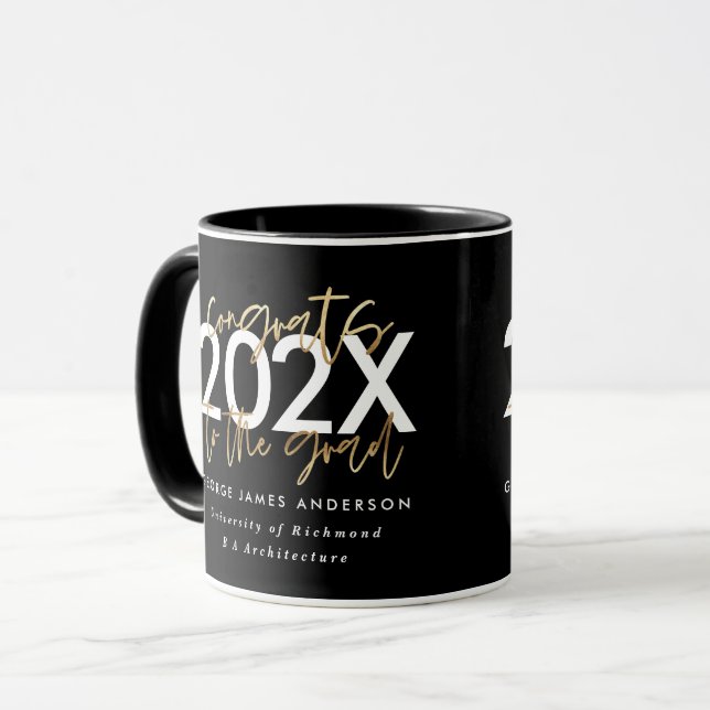 Black and gold modern script stylish graduation mug (Front Left)