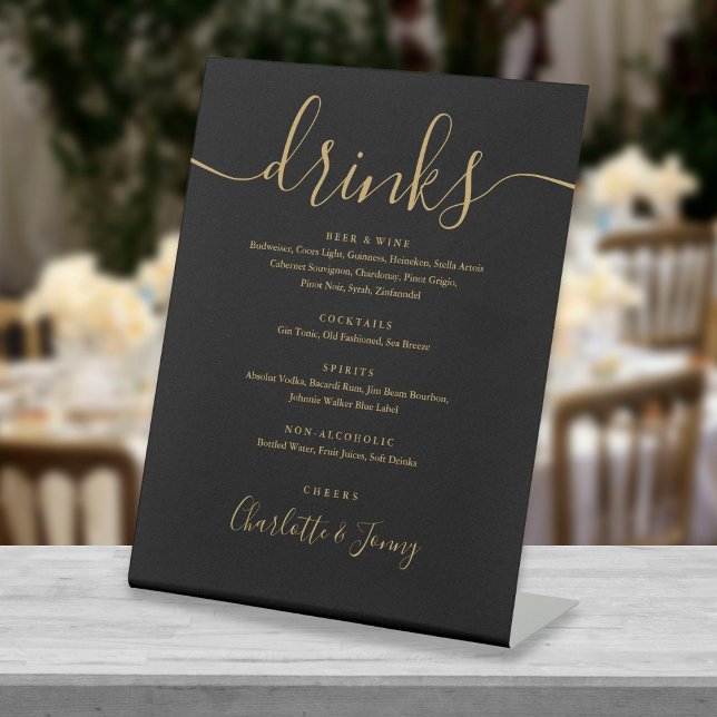 Black And Gold Modern Script Wedding Drinks Menu Pedestal Sign (Creator Uploaded)